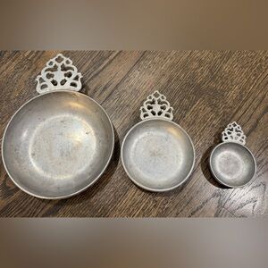3 Stede Porringer Bowls Pewter w Filigree Handle Porridge Dish Vintage Decor Set
